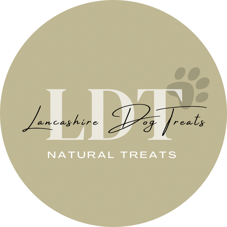 circular image with lancashire natural dog treats written in the middle 